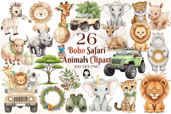 Cute Safari Animal Sublimation Clipart: 26 PNGs for Vibrant Prints