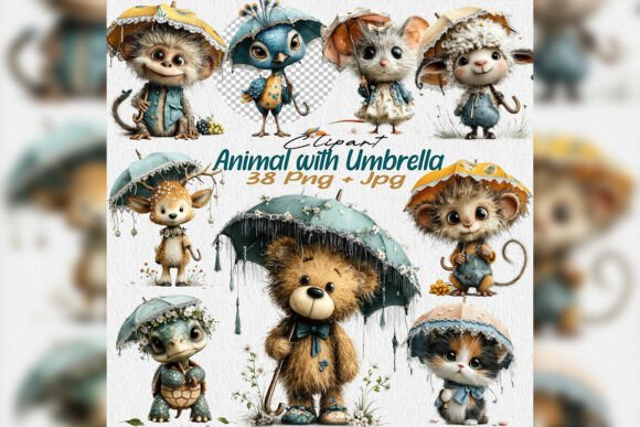 Umbrella Animal Clipart PNG Bundle: Cute 3D Whimsy for Creatives