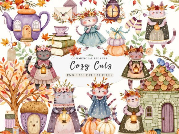 Watercolor Cozy Autumn Floral Cat Animal: A Designer's Delight